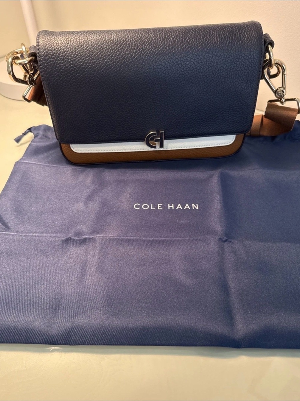Cole Haan Navy, Brown & Cream Colorblock Leather Crossbody - Picture 5 of 6